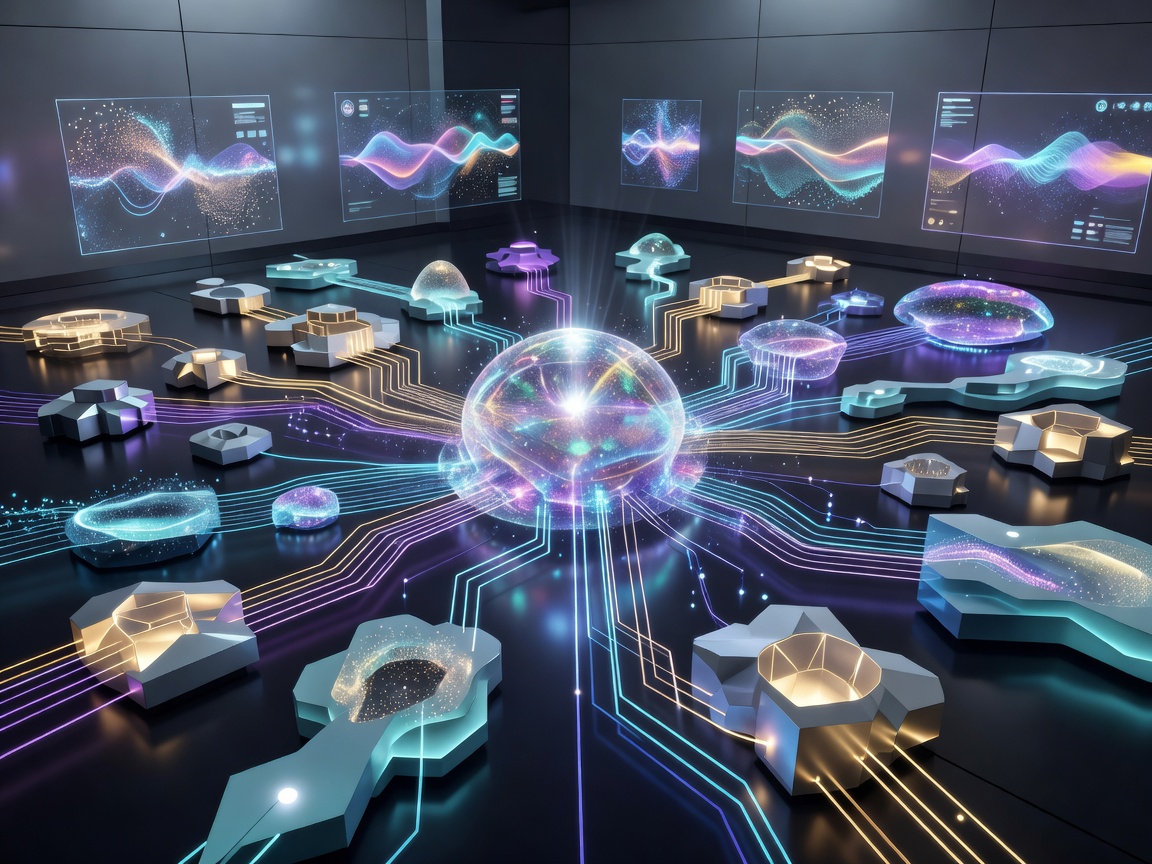 Abstract illustration of connected business systems and an artificial intelligence interface